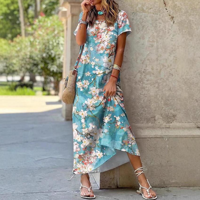 EastRogue Summer Women's Long O-Neck Short Sleeve Botanical Floral Print Dresses