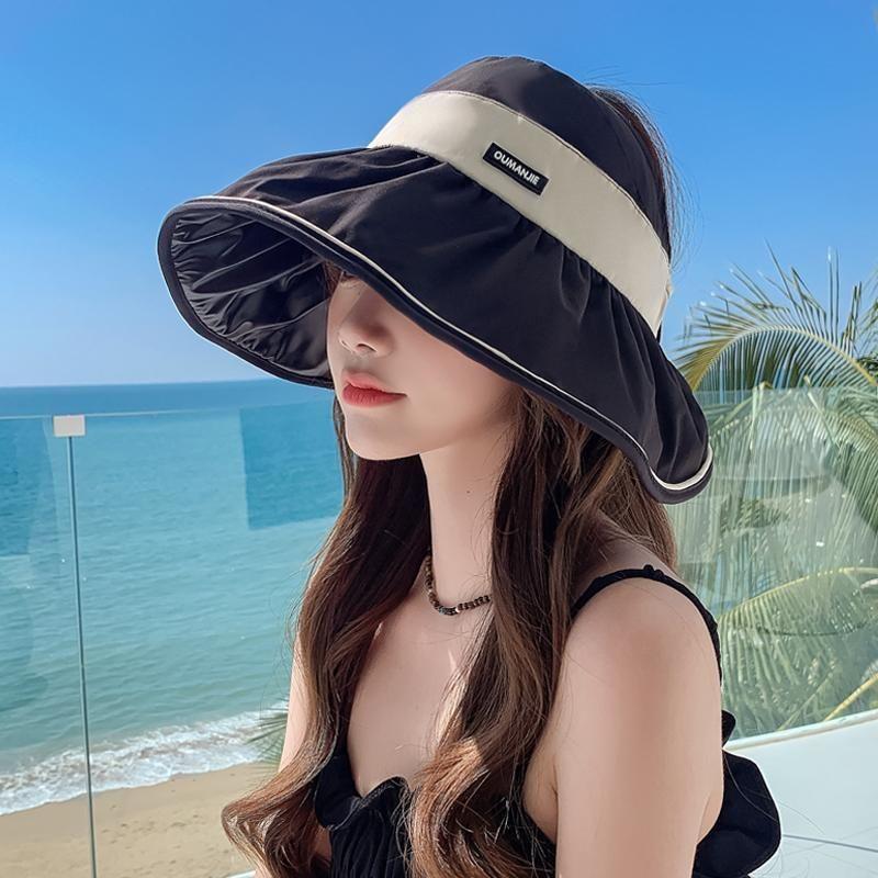 

New Arrival Hat Female Summer Big Brim Vinyl Sun Hat Air Top Breathable Sun Hat UV Protection Face Cover Sun Hat E-479 Black Empty Top Sunhat