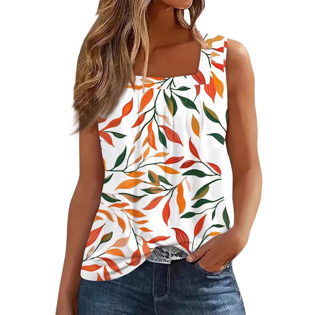 Damen Plissiertes Quadratischer Ausschnitt Ärmellos Tank Top Blumenmuster T-Shirt