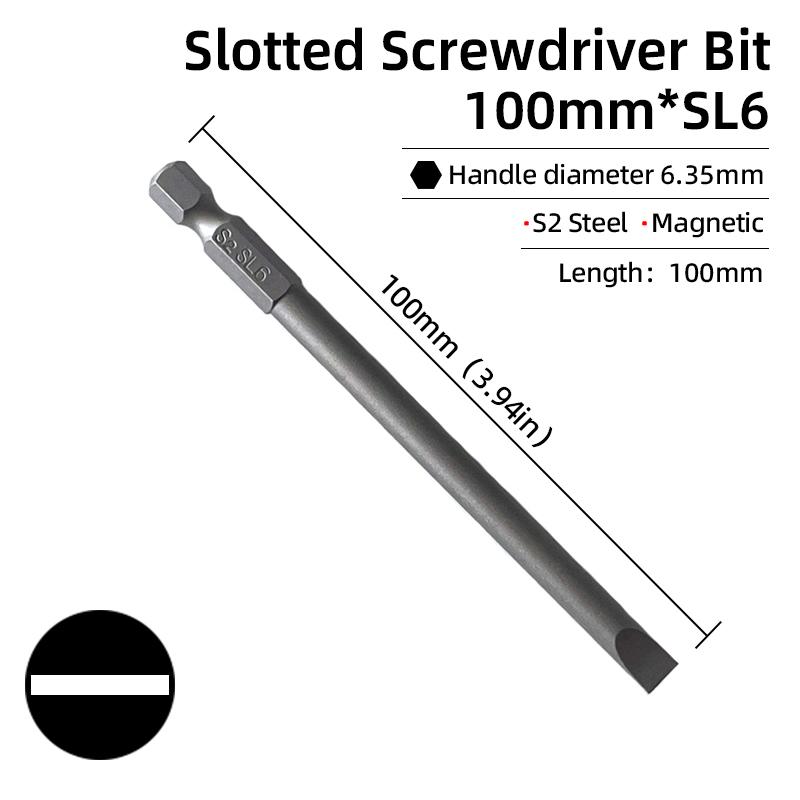 50/100mm 2.0-6.0mm Flat Head Screwdriver Bits Set Magnetic Tip Slotted Screwdriver Drill 1/4 Inch Hex Shank Hand/Electric Tools