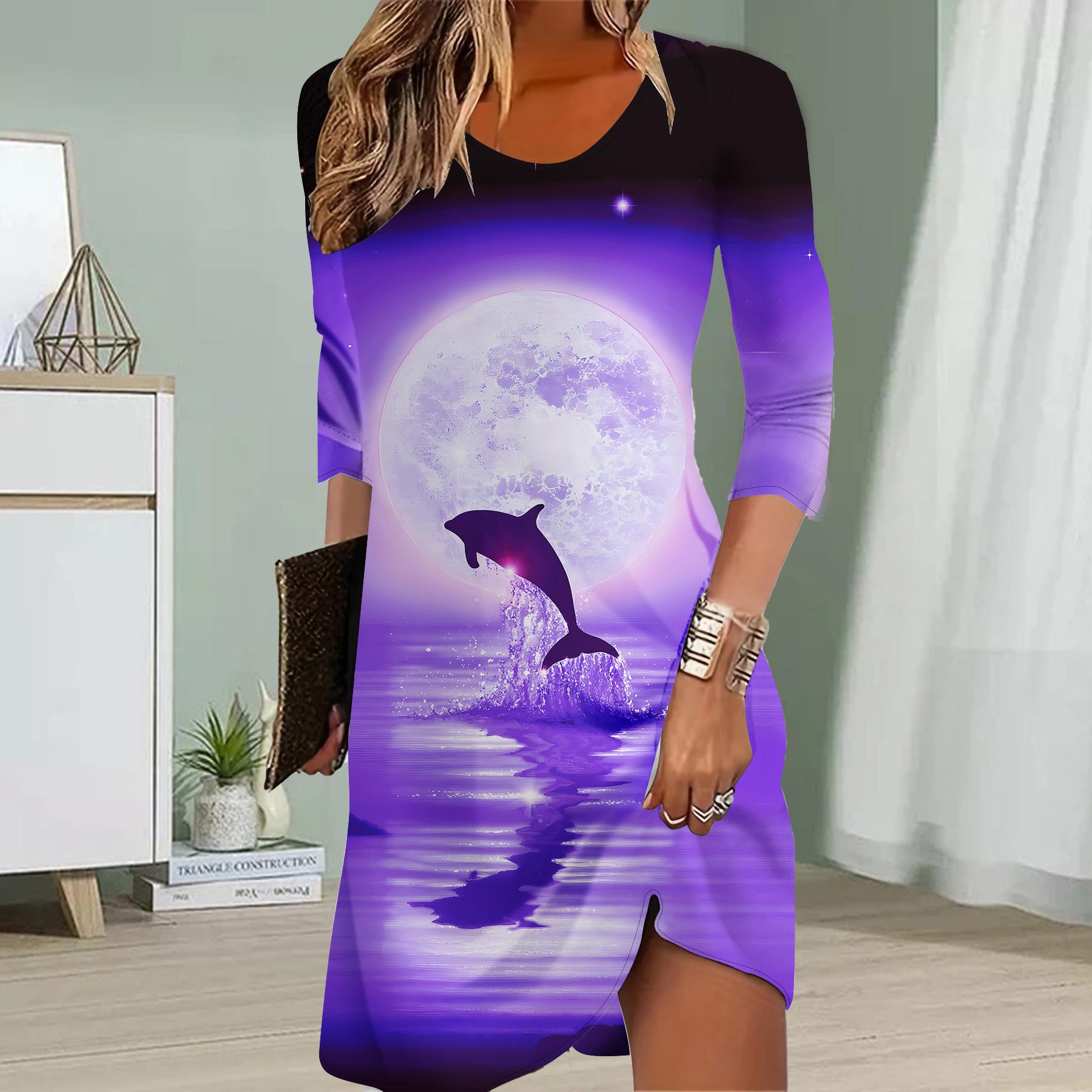

Женское повседневное платье Осеннее платье с принтом дельфина для женщин с круглым вырезом и коротким рукавом Платье размера плюс 8XL фиолетовый