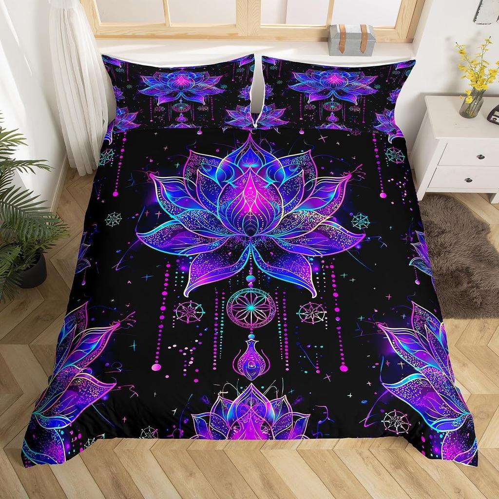 Lotus Duvet Cover Trippy Dreamy Mandala Bedding Set,Boho Floral Comforter Cover Exotic Tribal Damask Flowers Bed Set Twin Queen