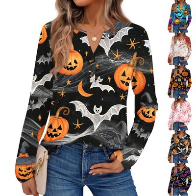Women's Halloween Print Long Sleeve Shirt Casual Blouse
