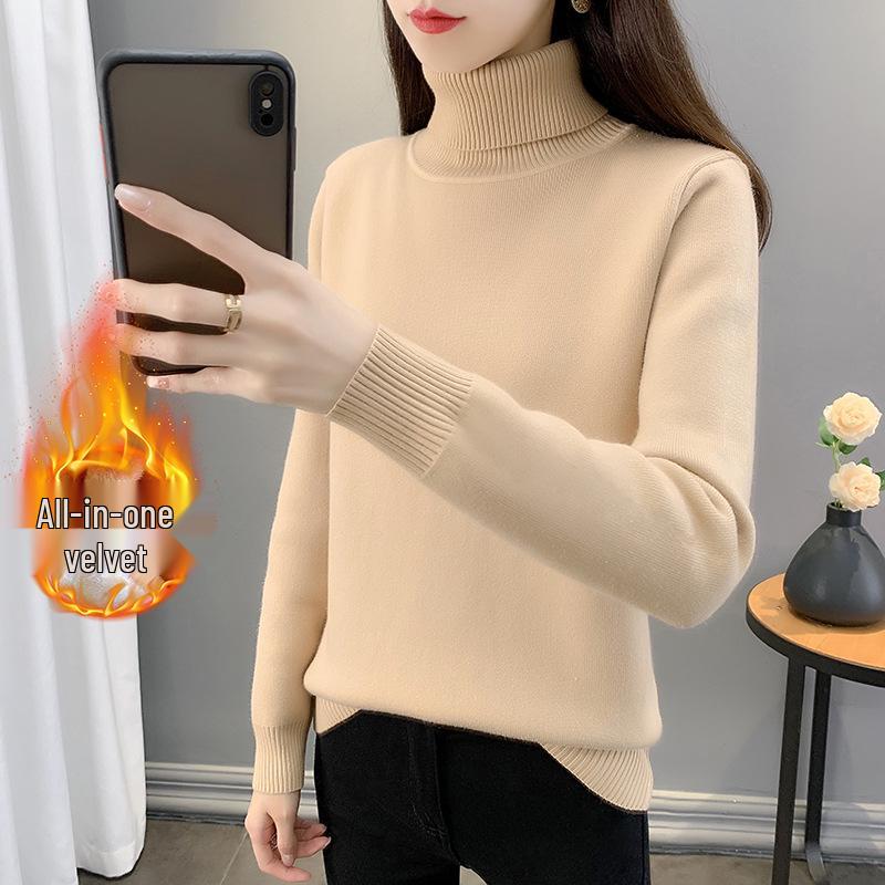 2025 Women's Autumn/Winter Half-High Collar Velvet-Lined Knit Sweater