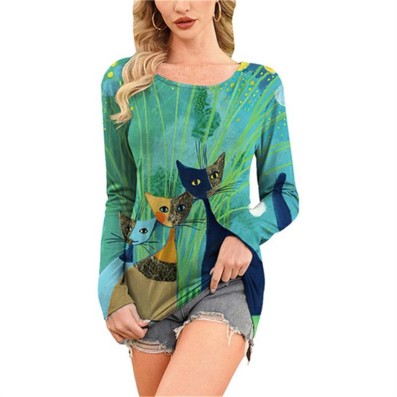 Модная удобная универсальная женская футболка с принтом мультяшного кота с круглым вырезом — фото 9