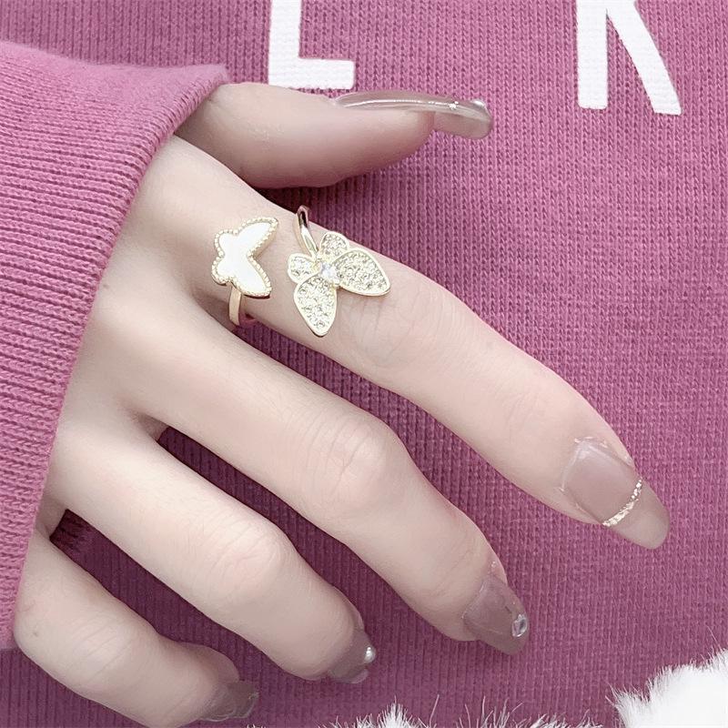 Influencer Fairy Double Butterfly Mother-of-Pearl Gold Plated Diamond Women s Open Ring - Trendy Fashionable Hand Jewelry Adjustable Opening