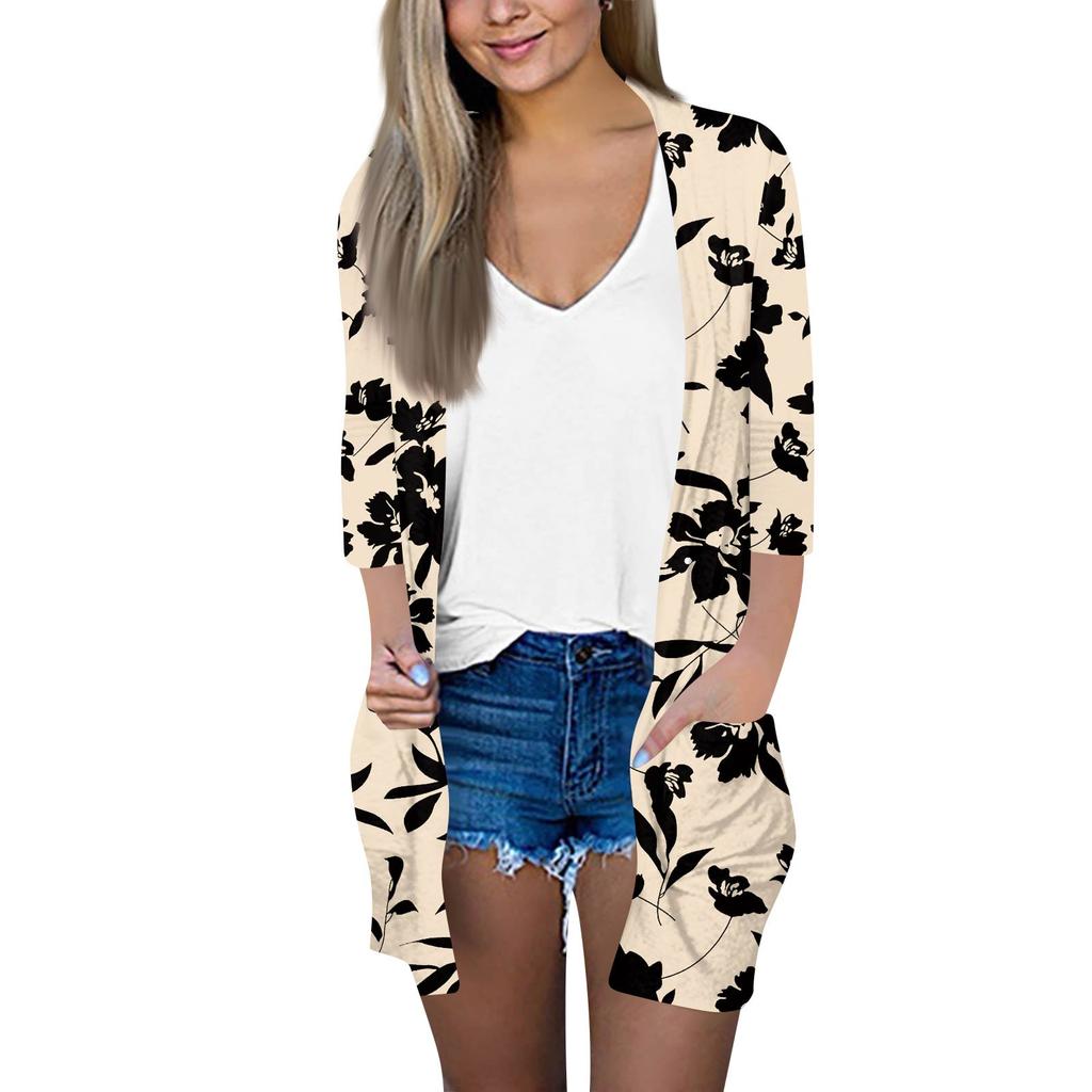 Women's Fashion Loose Casual Pocket Printed Cardigan Seven Sleeve Jacket Top