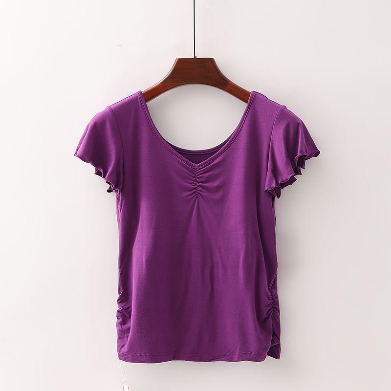 

[Qiao] Shopping Mall Brand Discount Women s Elastic Lined Chest Pad Yoga Sports Short Sleeve T-shirt 4x041 Purple S/155