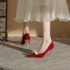8820 Pointed High Heels Women's Thin Heels 2025 New Pearl Shallow Mouth Single Shoes Show Clothes Red Bridal Wedding Shoes