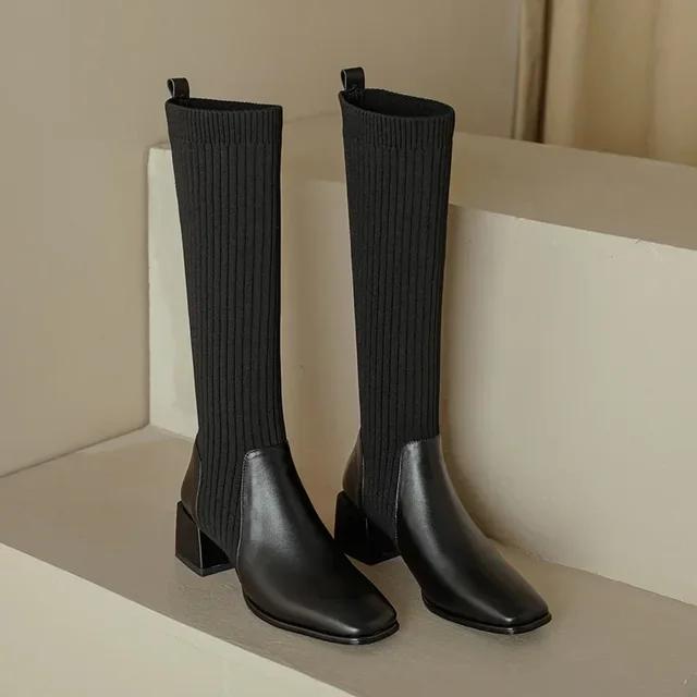 Autumn and Winter New Knitted Boots for Women, Knee High Socks, Fashionable Slip on High Heels, Retro Elastic Botas Mujer