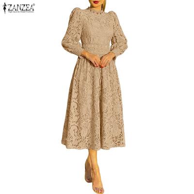 Dam Casual Rund Hals Långärmad Elegant Spets Virkad Patchwork Klänning