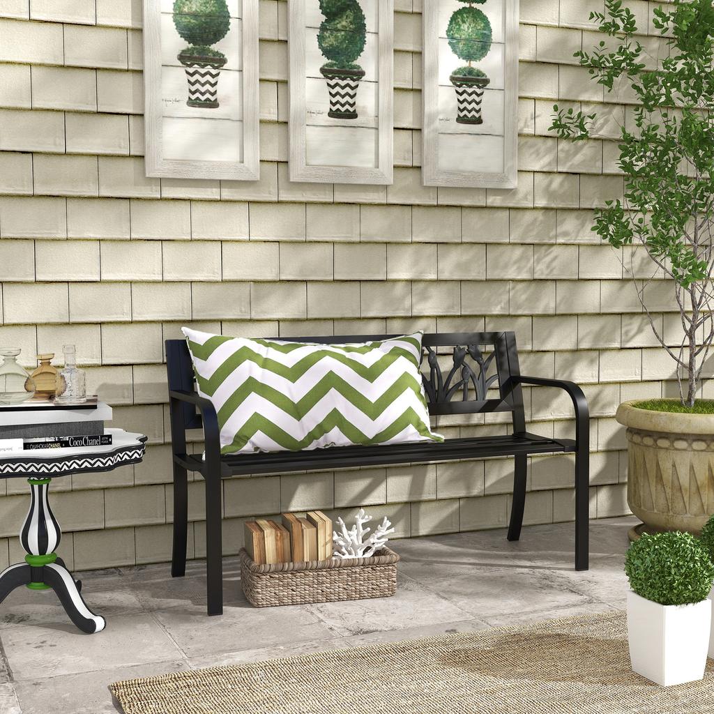 2-Seater Garden Bench in Steel with Decorated Backrest and Armrests, 125x50x75cm, Black
