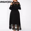 IHUASU Embroidery Lace Patchwork Plus Size Women Dress Flared Short Sleeve Cold Shoulder High Waist