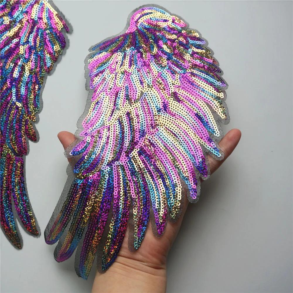 Rainbow Feather Wings Sequin Sew Patches Embroidered Badges for Clothes DIY Appliques Craft Decoration Materials for Sewing