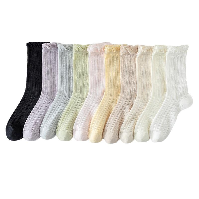 Chaussettes d'été pour femmes, Hautes, Fines, Respirantes, Chaussettes en coton sans couture en dentelle, Chaussettes pour femmes couleur unie en maille absorbant la transpiration