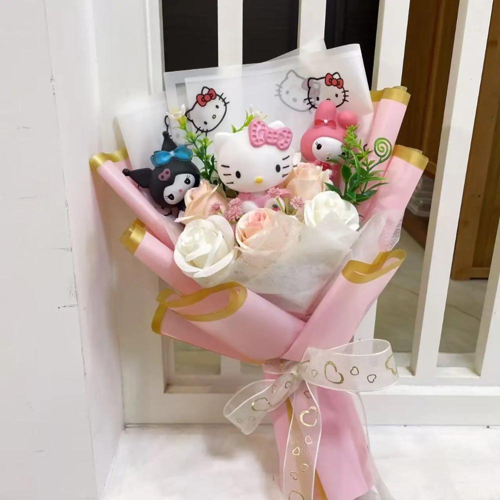 Bambole Gatto Kawaii Hello Kitty con Fiori Artificiali Bouquet Creativo Regali di Natale San Valentino Compleanno Laurea