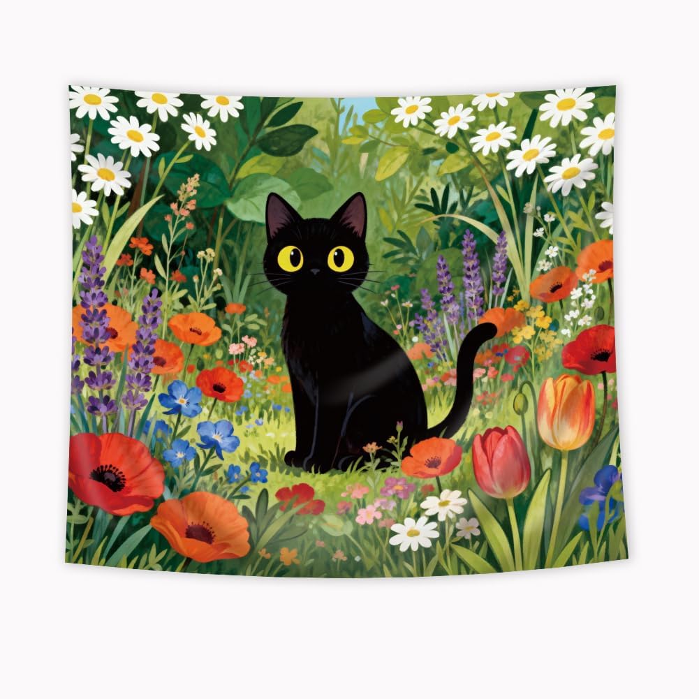 Cute Cat Tapestry Funny Black Cat Flower Floral Wildflower Lovely Plants Botanical Rustic Nature Farmhouse Garden Wall Hanging