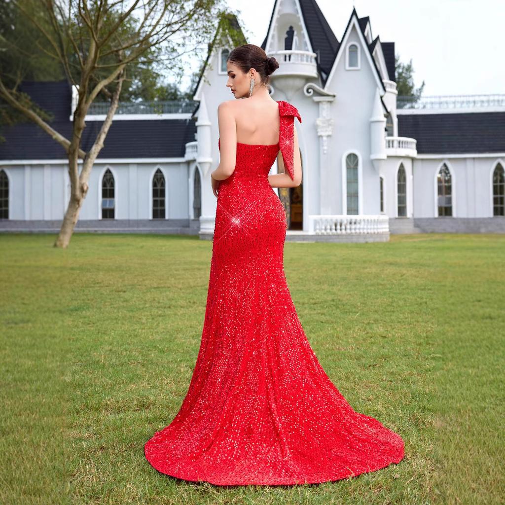 European and American new elegant and sexy one-shoulder split party dress, sequined bow socialite party evening dress