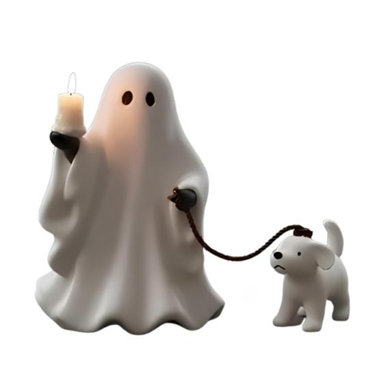 Ghost Pup Candle Holder Cute White Ghost Walking Dog Candlestick Resin Tabletop Figurine for Halloween Home Shelf Desk Decor