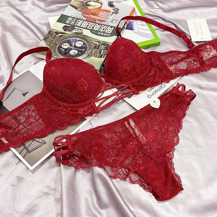 French Sexy Strap Lace Underwear Women's Upper Thin Lower Thick Gather Bra Deep V Big Bust Small Bra