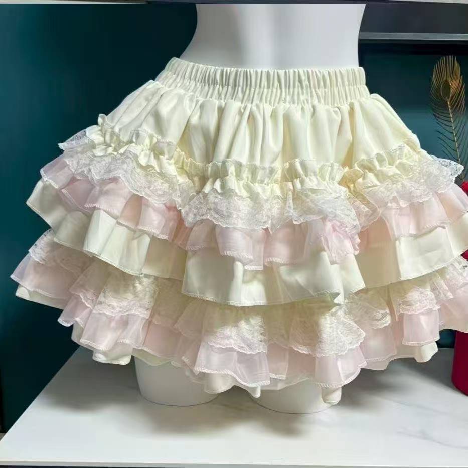 Japanese Style Sweet A Line Skirt Women Lolita Kawaii Cute Y2K High Waist Lace Ruffle Skirt Girl Simple Daily