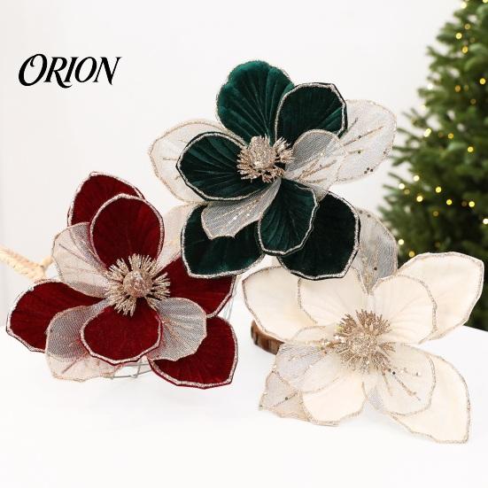 Weihnachts-Blumenbedarf Glitzer-Magnolienblüte, Samt-Künstblumenstecker für Weihnachtsbaum-Dekoblumen und Vase, Kunststiel-Ornament Feiertag