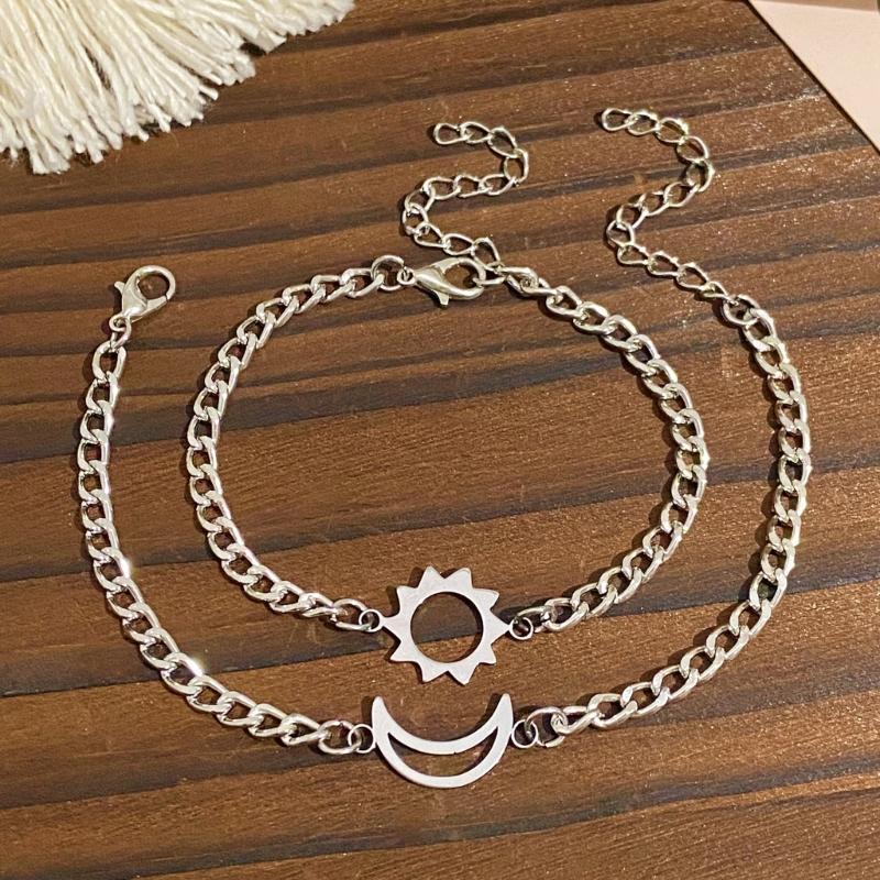 2Pcs/set Stainless Steel Simple Hollow Love Sun Moon Chain Bracelets Temperament Ins Chain Ladies Couple Card Bracelet