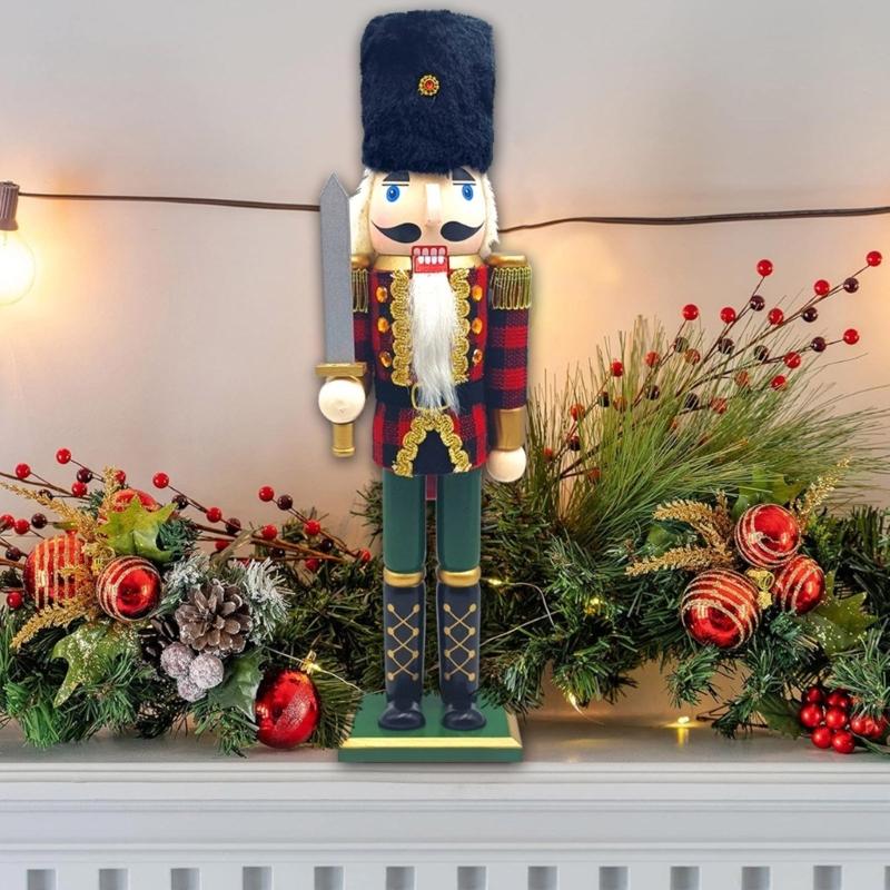 Traditional Wood Checkered Nutcrackers 38cm Figure Ornament Christmas Soldier King Puppet Figurine Holiday Decoration