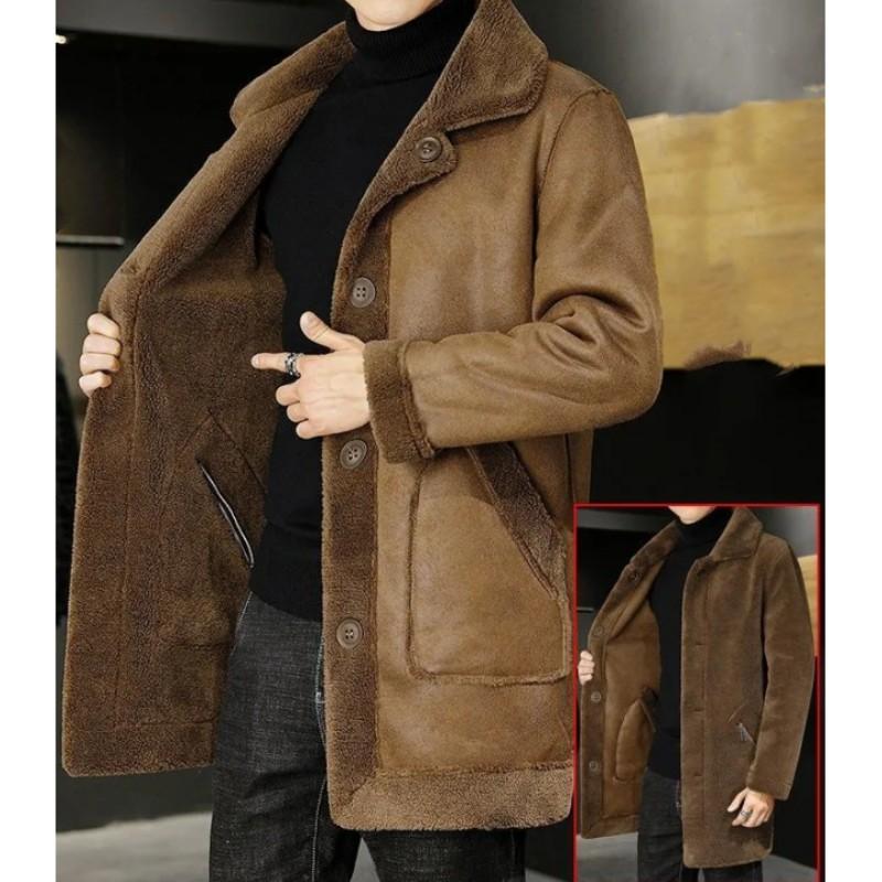 Men s Autumn Mid-length, Fleece and Thickened Coat with Lapel, Double-sided Wearing Fur and Grain Overcoat S