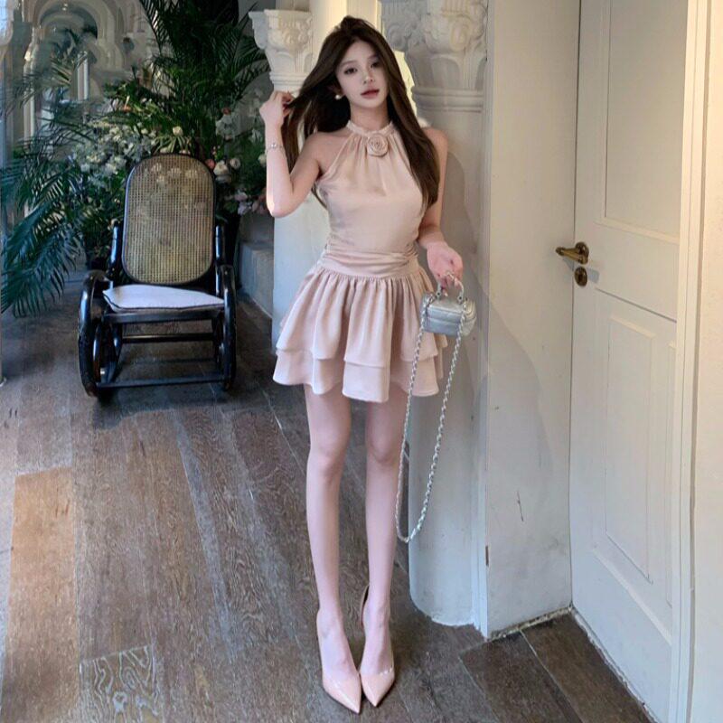 Elegant French Acetate Satin Halter Dress: Layered, Fluffy, Sleeveless Design for Birthdays