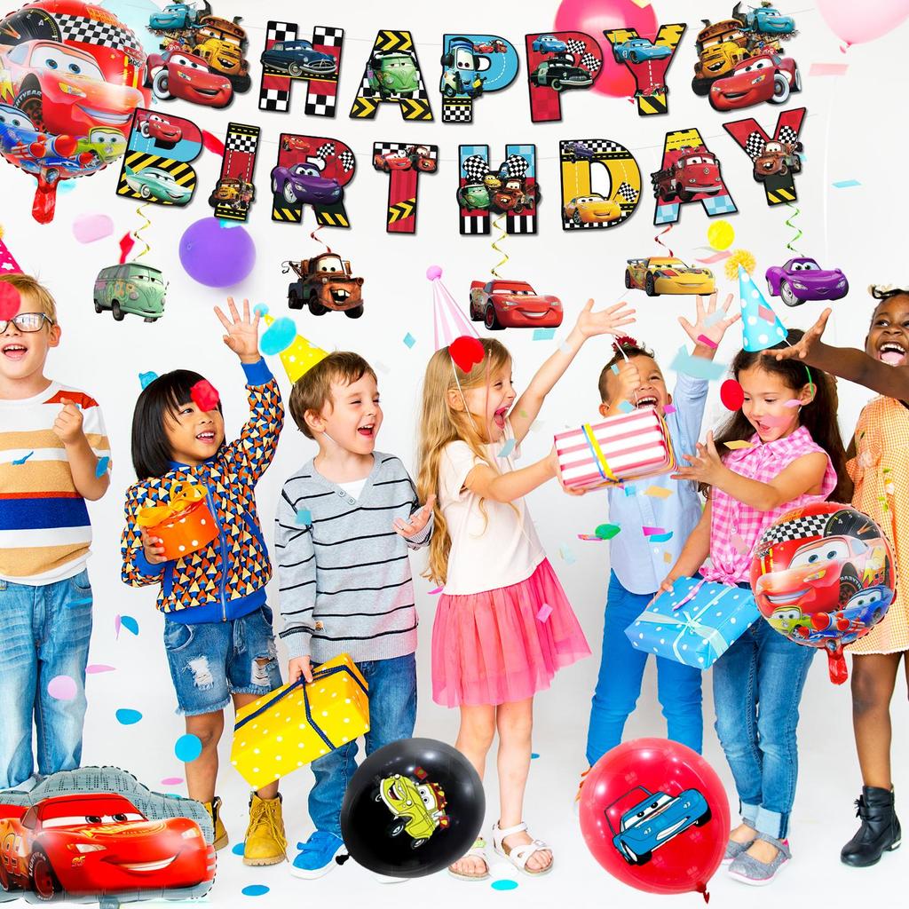 38Pcs Cartoon Birthday Party Supplies, Cartoon Decorations Set - Cartoon Birthday Decorations Banner Tablecloth & Cars Balloons Cake Topper Etc