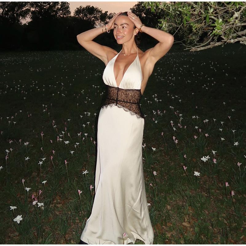 Abito da donna con pizzo patchwork da appendere al collo, da spiaggia, da viaggio, estivo, nuovo stile, con punto vita, temperamento, lungo, senza maniche, slim fit