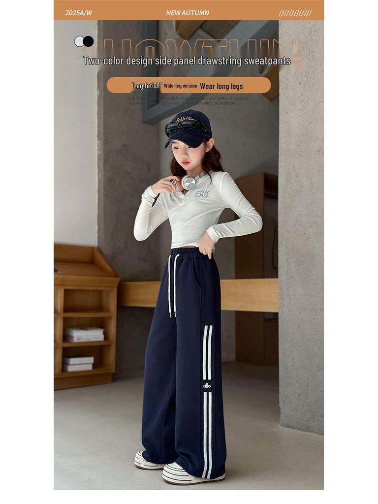 Dziewczęce Spodnie Dresowe Sportowe z Prostymi Nogawkami - Jesień/Zima, Pluszowe, Chłodny Luźny Krój dla Dużych Dziewczynek