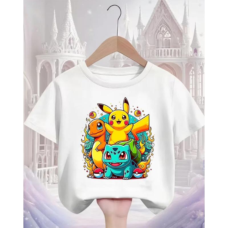 Summer Cute Kawaii Fashion Street Cartoon Round Neck Children's Popular Casual Pikachu T-Shirt