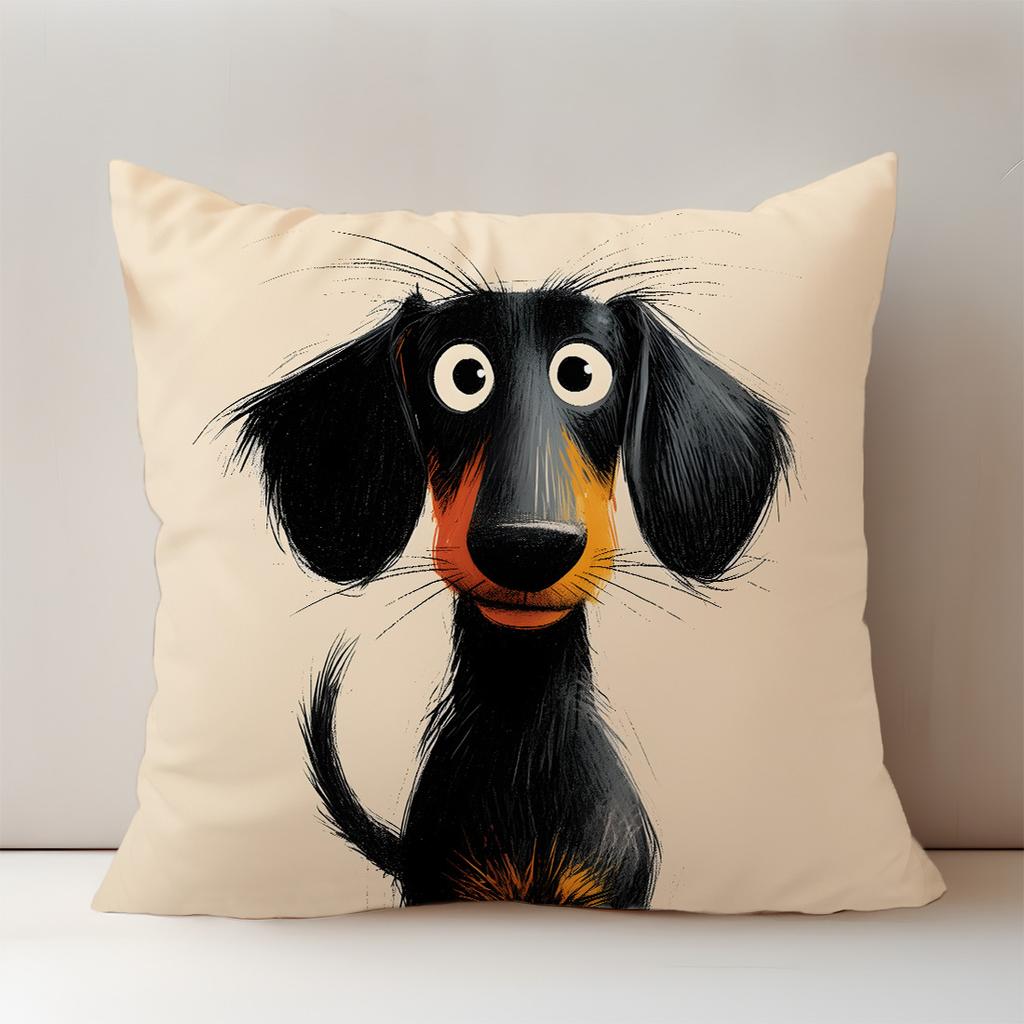 1Pc Cartoon Dachshund Themed Printed Throw Pillow Cover, Suitable For Sofa, Bedroom, Living Room, A Fun Gift For Dog Lovers.