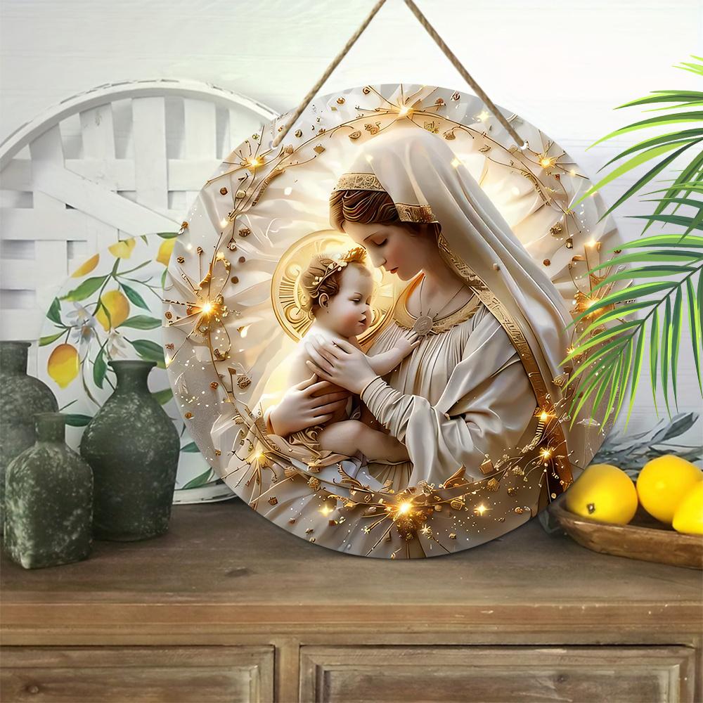 Virgin Mary & Jesus Wooden Sign, Round Front Door Decor, Golden Halo Religious Wall Hanging - Ideal for Christian Home & Church Decor