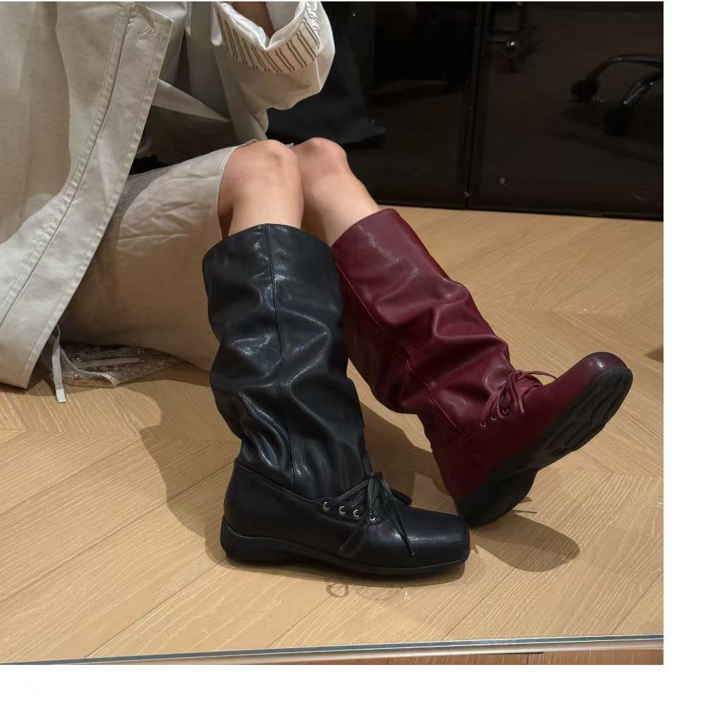 Square Head Pleated Western Pile Boots Women's Fall 2025 New Retro Platform Ballet Strap Medium Boots