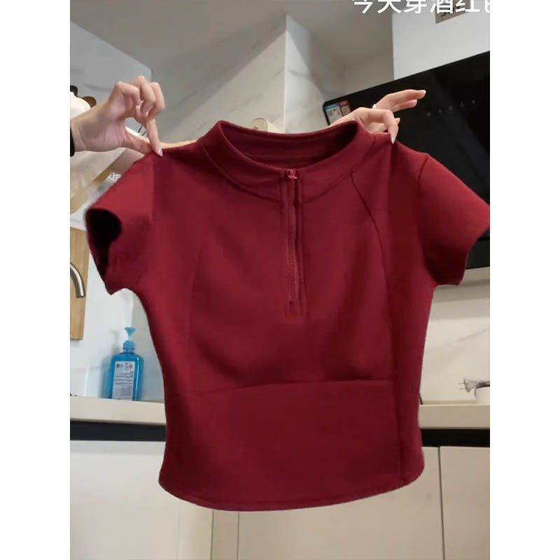 Black Solid Zipper Short Sleeve T Shirt Women Summer Slim Fit Design Waist top