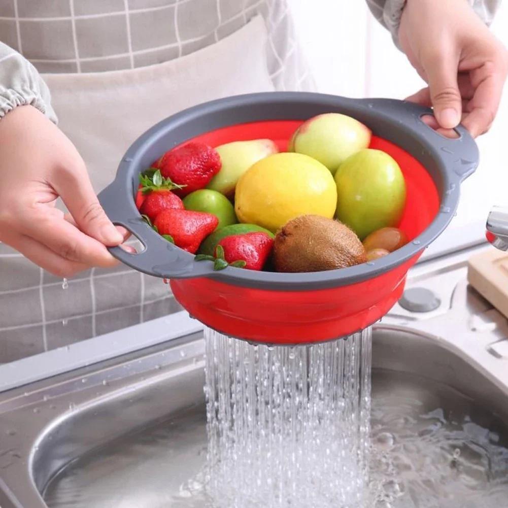 Zusammenklappbarer Abtropfkorb aus Silikon, Waschkorb für Obst und Gemüse, faltbares Sieb, Sieb, zusammenklappbares Abtropfgestell, Aufbewahrungswerkzeug für die Küche