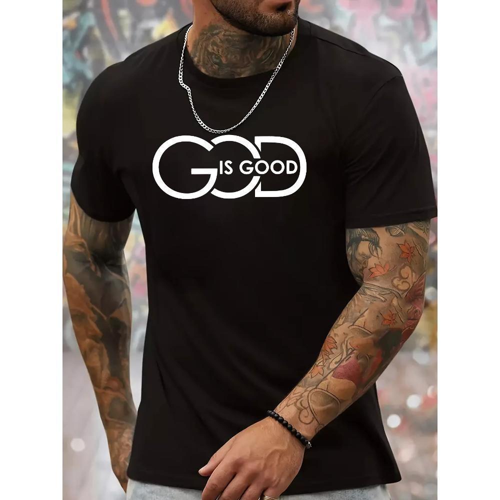 God is Good Printed Men s Short Sleeve Casual T-Shirt, Crew Neck T-Shirt, Summer Outdoor Daily Wear S