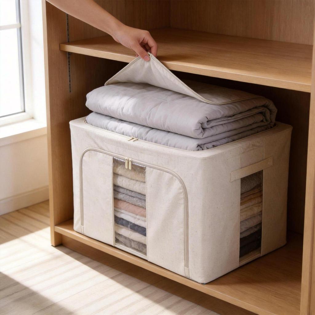 Tianshan Cotton Linen Patterned Fabric Storage Box with Transparent Window for Quilts and Clothes