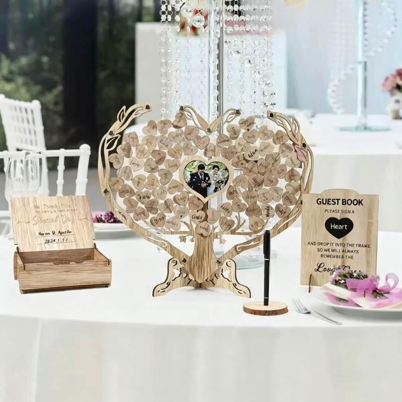Romantics Wooden Wedding Guest Book With Heart Picture Frame For Bridals Shower And Anniversary Celebration