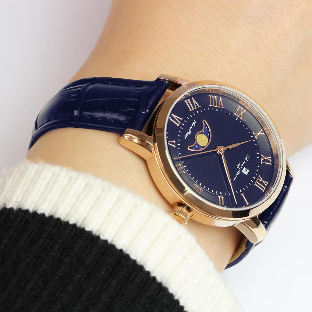 Salvatore Marra Women's Moon Phase Watch, Model SM26151, 34mm, Pink Gold & Blue Leather Strap, Limited Edition