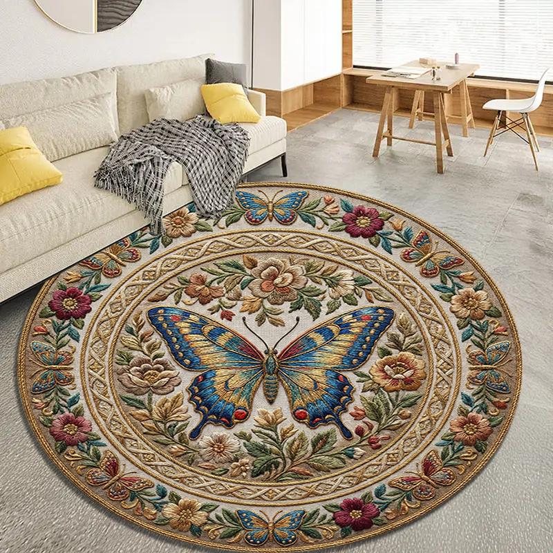 Tappeto Rotondo Retrò con Farfalle, Tappeto per Soggiorno Camera da Letto Divano Sala Giochi Decorazione, Tappetino Antiscivolo 86