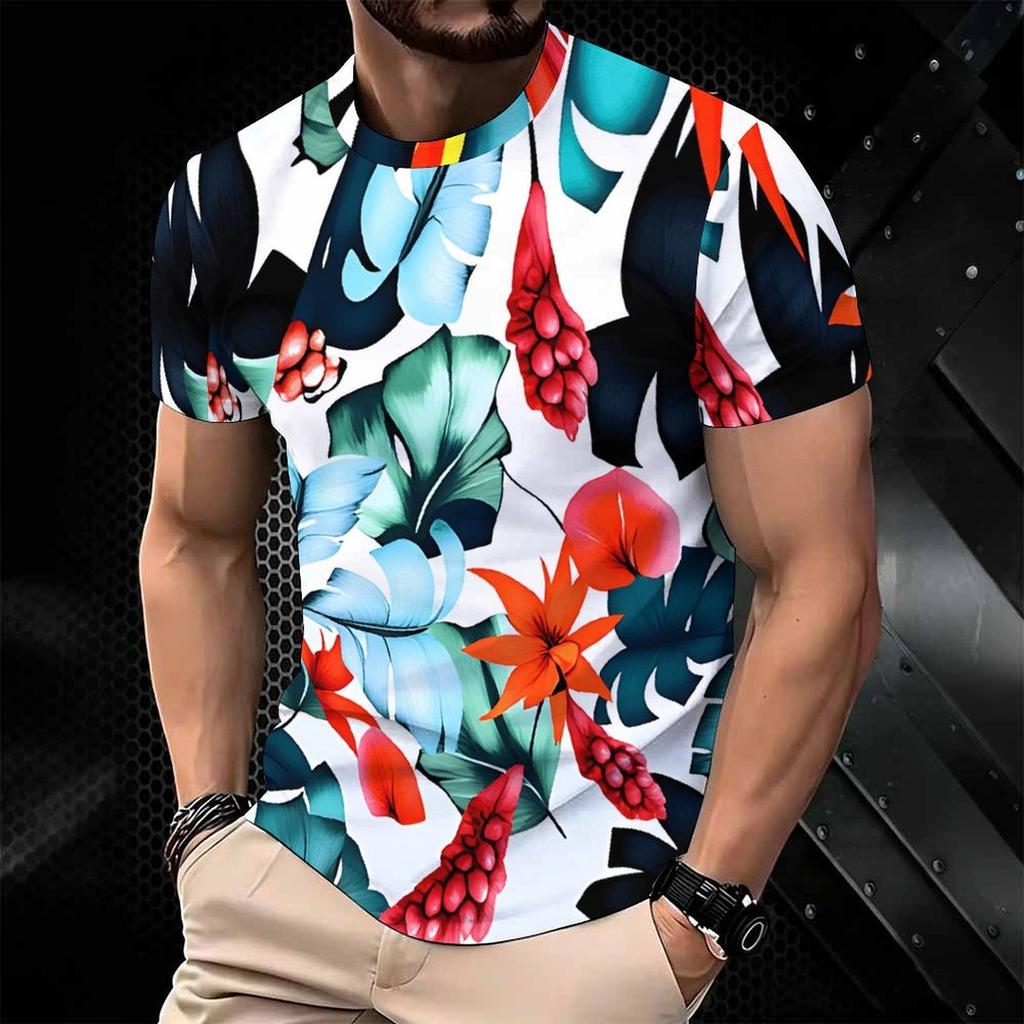 Women Short Sleeve Crew Neck T Shirt White Red Orange Blue Tropical Leaf Floral Print Top