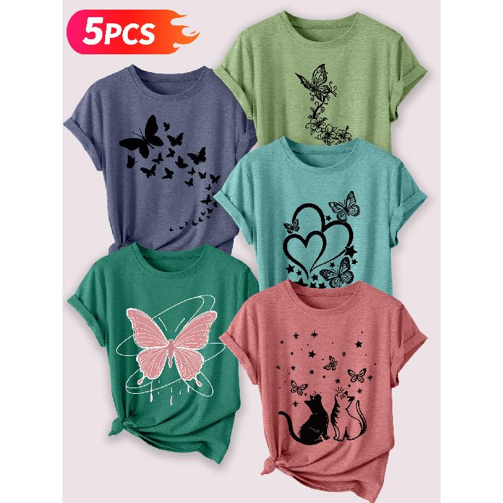 Follow a specific direction Five-piece set for women T Shirt Butterfly and cat motif vintage print Summer Casual Elegant Women's Clothing Short