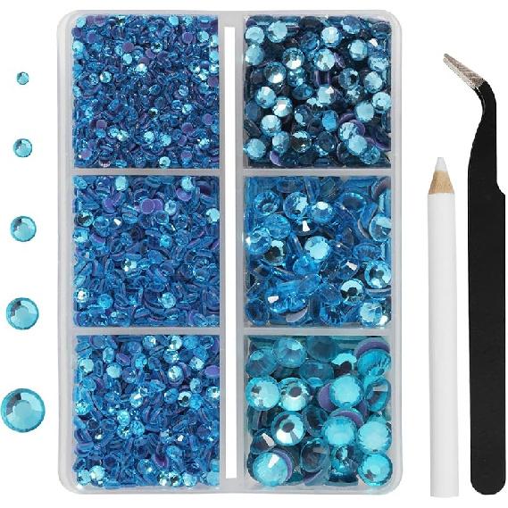 Термостразы 3960 шт., Стразы для одежды, Набор для горячей фиксации страз с пинцетом и восковым карандашом, Смешанные 5 размеров, SS6-SS30, Цвет Jet (Черный) аквамарин