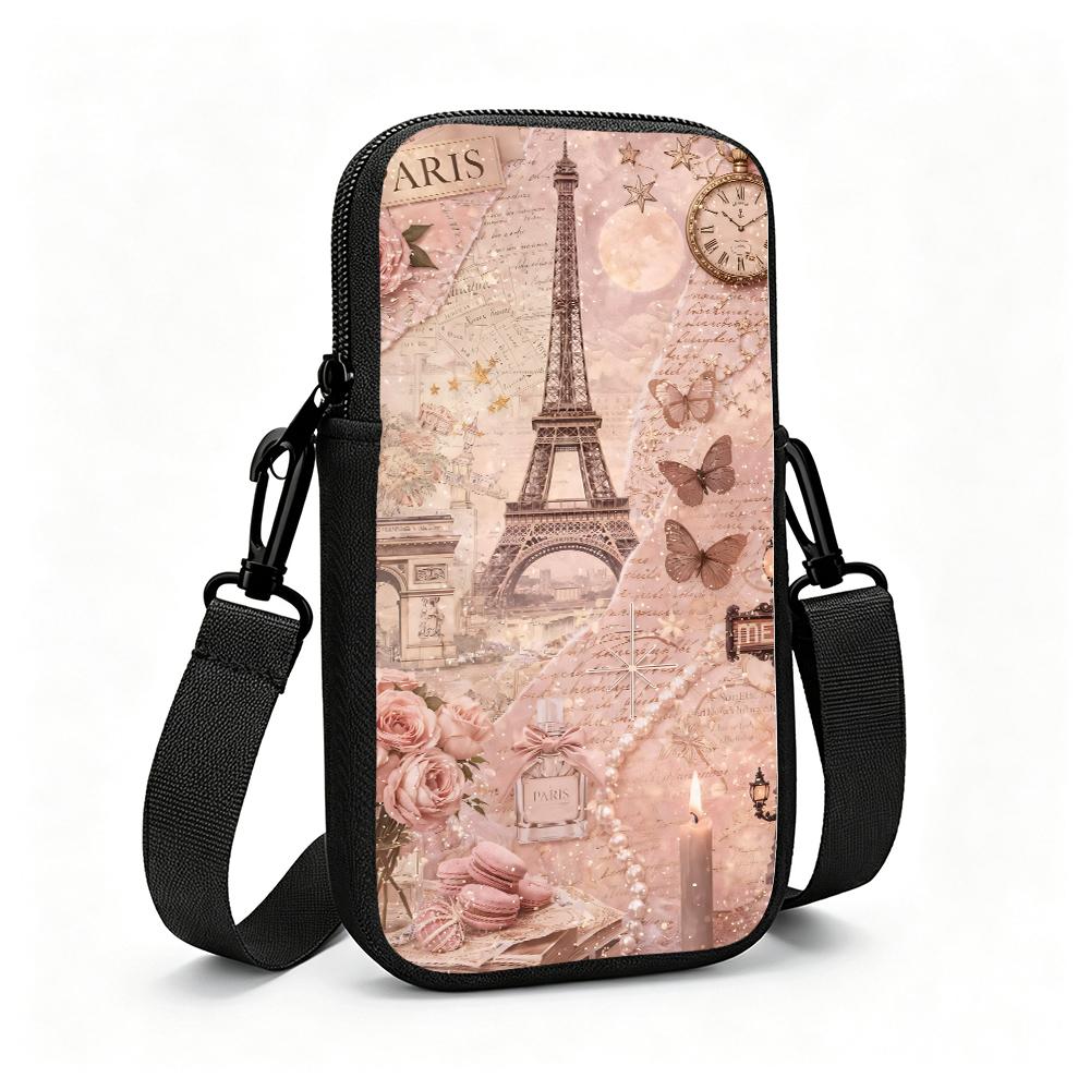 Vintage Aesthetic Paris Eiffel Tower Rose Floral Crossbody Phone Bag, Elegant Butterfly Print Small Shoulder Purse, Christmas Gift Birthday Holiday De