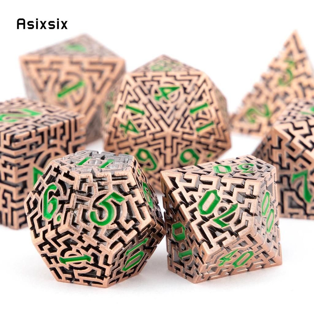 7 Pcs Copper Green Metal Dice Maze Solid  Metal Polyhedral Dice Set Suitable for Role-Playing RPG  Board Game Card Game