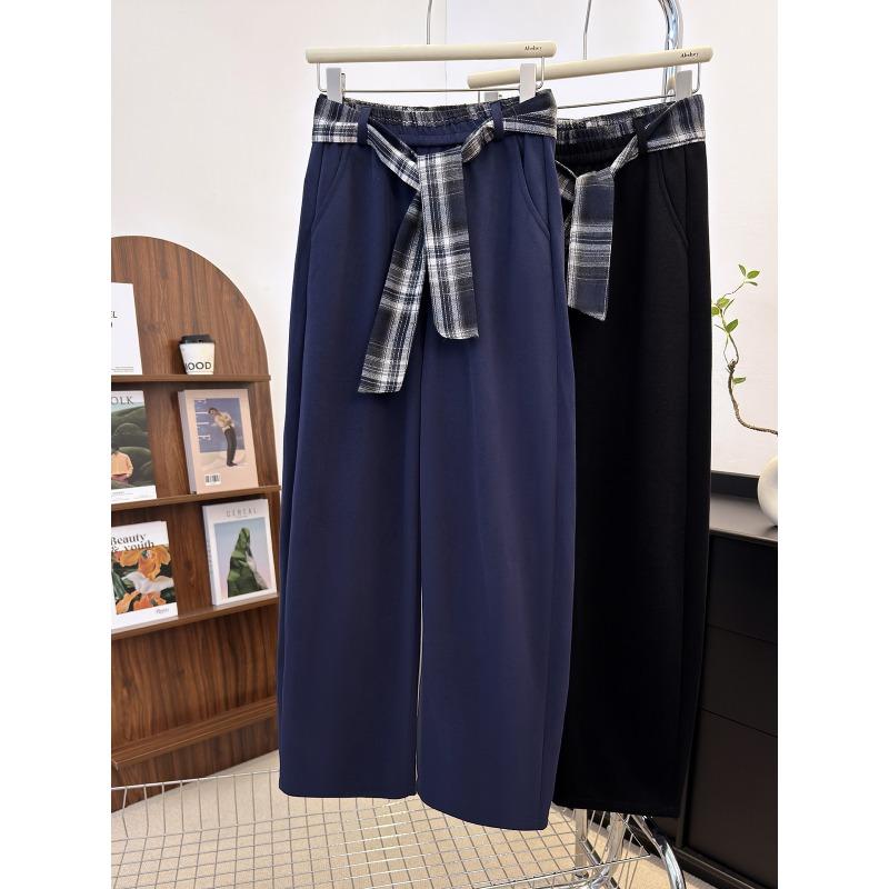 

With Plaid Belt Brushed Thickened Curved Leg Sweatpants Winter New Women s Elastic Waist Fashionable Versatile Casual Long Pants L синій